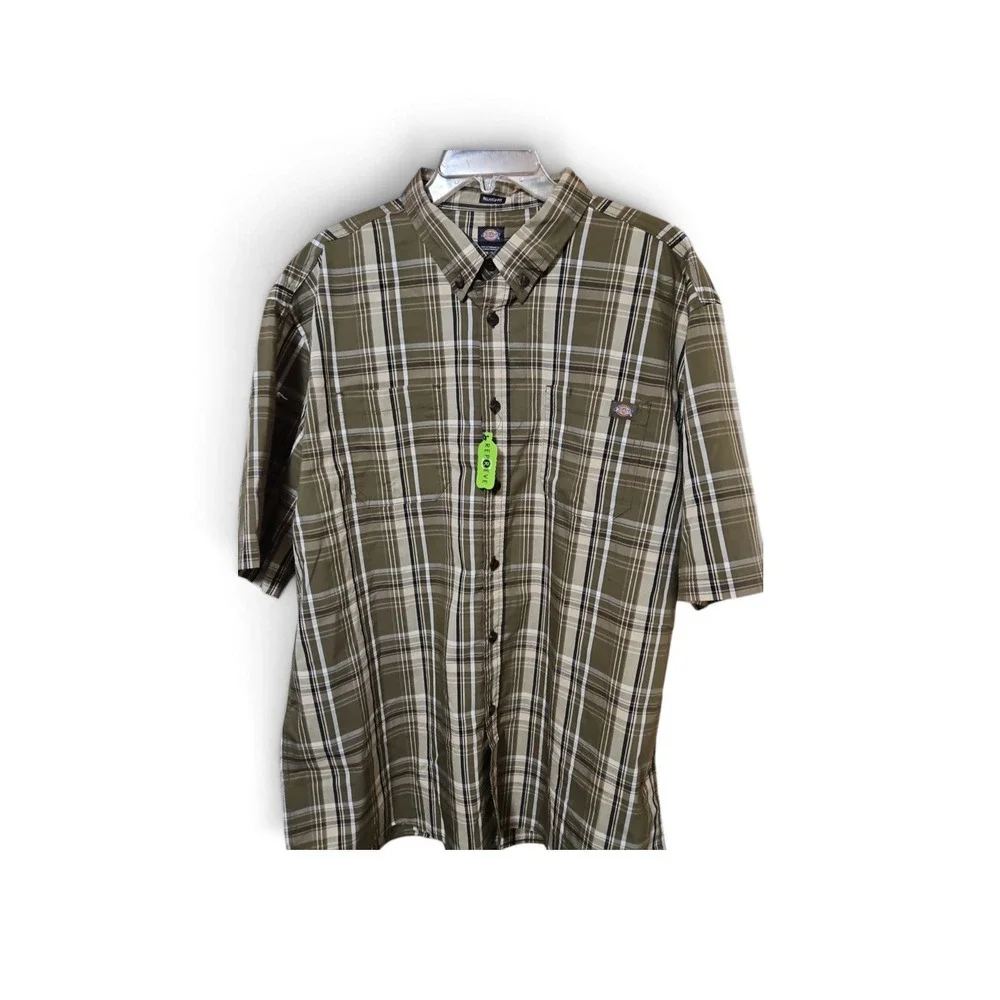 Dickies Mens Plaid Short Sleeve Button Down Shirt Olive Green Repreve XL  0367